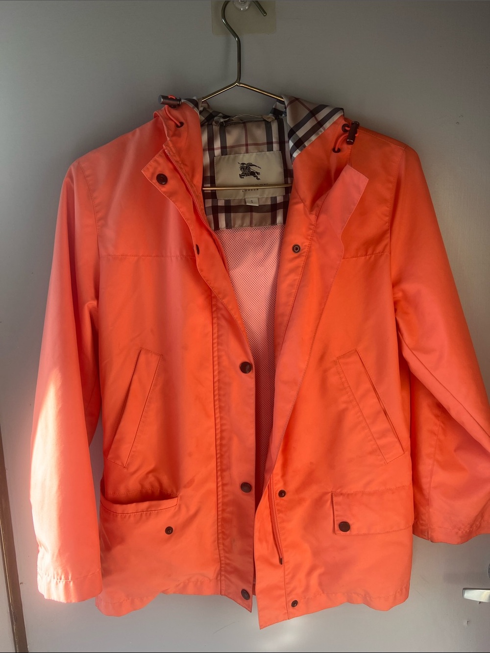 Burberry Bright Orange Hooded Raincoat with Check Lining